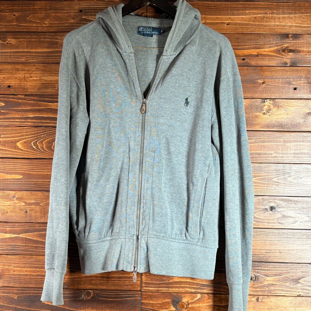 Vintage Polo Ralph Lauren Hoodie M Gray Full Zip Leather Pull Y2K 2000s